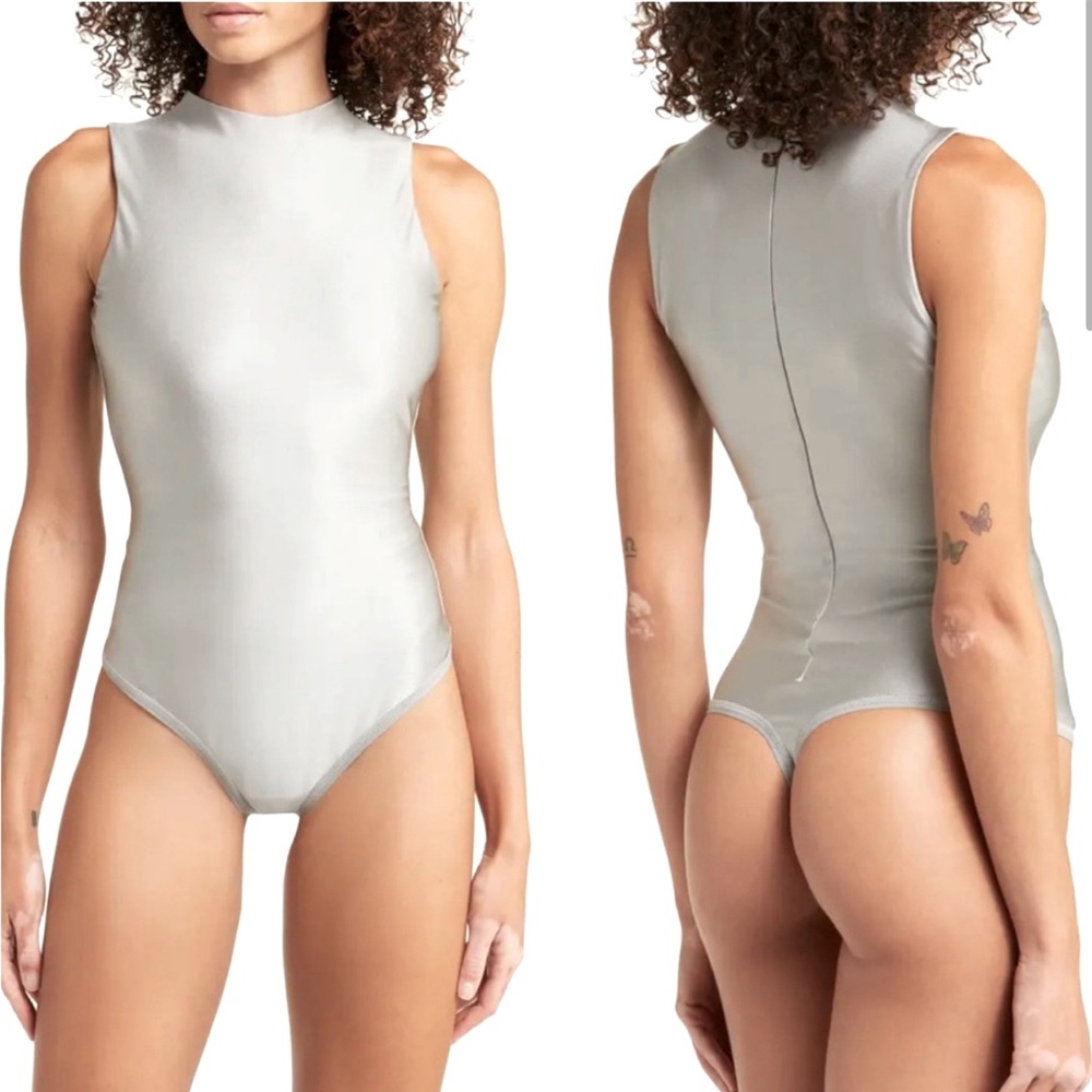 SKIMS Disco Collection Silver Mockneck Tank Bodysuit
